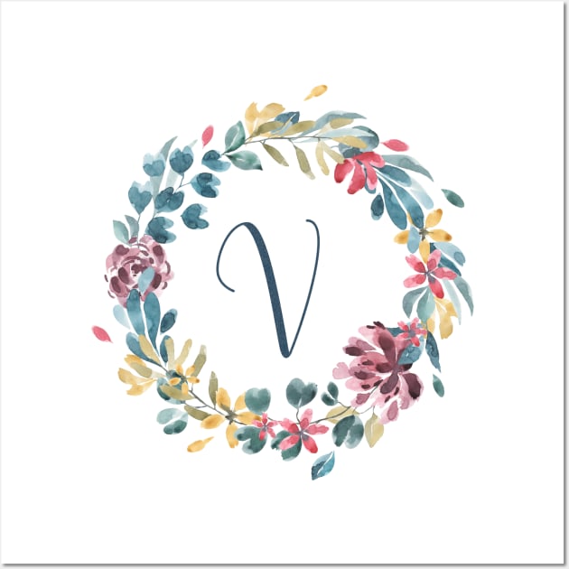 Floral Monogram V Colorful Full Blooms Wall Art by floralmonogram